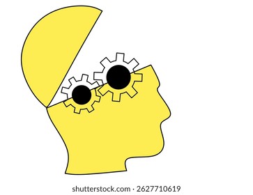 A simple yellow silhouette of a human head is shown with the top open, revealing two interlocking gears inside