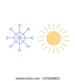 Sencillo sol amarillo e icono de copo de nieve azul, caliente y frío, alta y baja temperatura, verano e invierno. Ilustración plana aislada por vectores