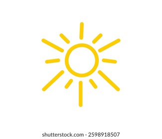 A simple yellow sun with bright rays, symbolizing warmth and sunny weather, on a plain backdrop.