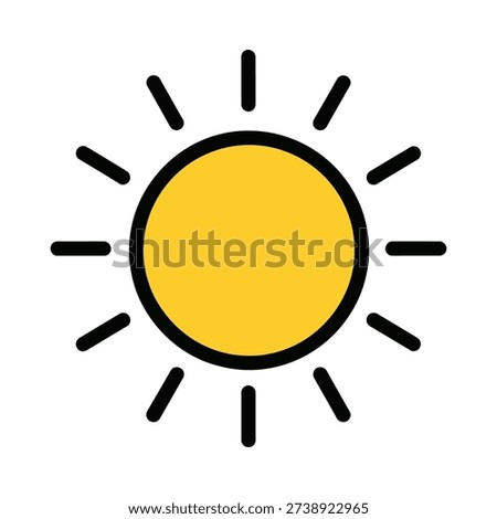 Simple yellow sun icon with black outline and rays on white background symbolizing warmth and sunshine