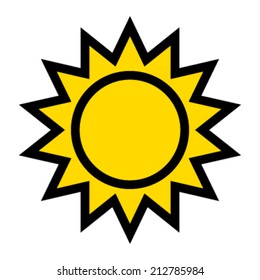 Simple yellow sun logo icon with sharp light rays and thick black outlines, summer icon