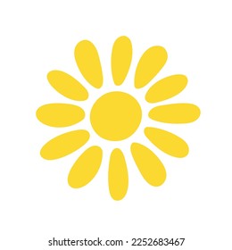 Simple yellow sun vector flat illustration with round shape middle, cute summer image for making cards, decor, vacation concept and holiday and summertime design for children