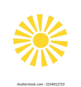 Simple yellow sun vector flat illustration with round shape middle, cute summer image for making cards, decor, vacation concept and holiday and summertime design for children
