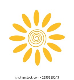 Simple yellow sun vector flat illustration with round shape middle, cute summer image for making cards, decor, vacation concept and holiday and summertime design for children