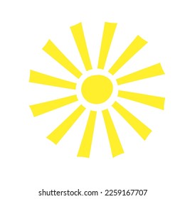 Simple yellow sun vector flat illustration with round shape middle, cute summer image for making cards, decor, vacation concept and holiday and summertime design for children