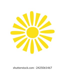 Simple yellow sun vector flat illustration with round shape middle and beams, cute summer image for making cards, decor, vacation concept, holiday and summertime design for children