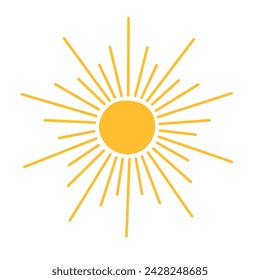 Simple yellow sun vector flat illustration with round shape middle and beams, cute summer image for making cards, decor, vacation concept, holiday and summertime design for children