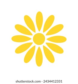 Simple yellow sun vector flat illustration with round shape middle and beams, cute summer image for making cards, decor, vacation concept, holiday and summertime design for children