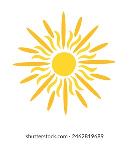 Simple yellow sun vector flat illustration with round shape middle and beams, cute summer image for making cards, decor, vacation concept, holiday and summertime design for children