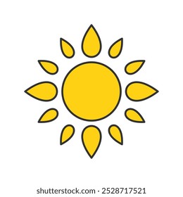 Simple yellow sun vector illustration, solid yellow of sun vector in lineal color style isolated on a white background