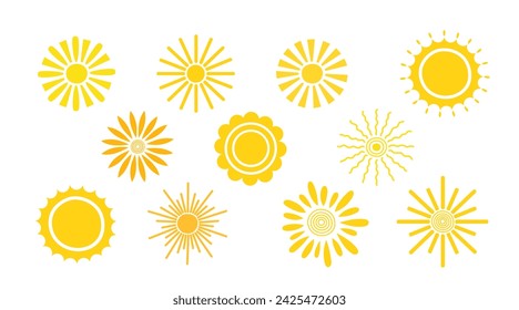 Simple yellow suns set vector flat illustration with round shape middle and beams, cute summer image for making cards, decor, vacation concept, holiday and summertime design for children