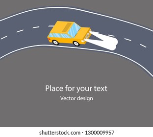 A simple yellow toy sedan car in traffic on the road. Lights, lights the way. Illustration of vector isometric style. Place for text.