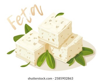 Simple yet appealing vector illustration of cubes of feta cheese, a popular dairy product. Raw feta cartoon icon on clean background for culinary projects, illustrating recipes, menus or food-related 