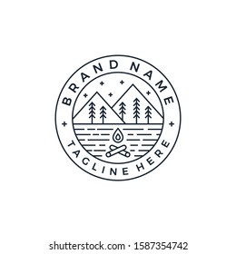 A simple yet artistic logo design for camp ground. Displaying a camp filed with a bonfire in the line art style. 