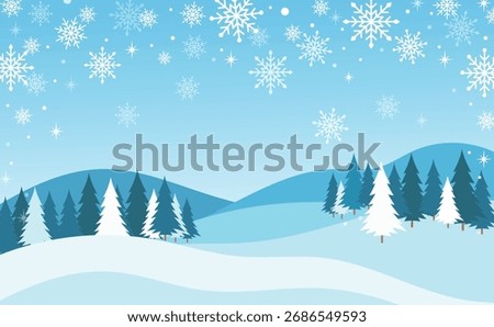 A simple yet beautiful illustration depicting a winter snow scene. Snow-covered hills and coniferous trees, snowflakes drifting down.