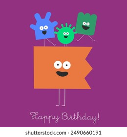 Simple yet captivating birthday card featuring an orange character with a big smile, holding a festive sign, against a purple backdrop.