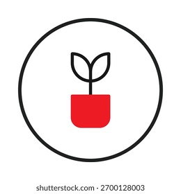 Uma imagem simples, mas cativante, com uma jovem muda aninhada em um vaso vermelho, fechado dentro de um círculo preto. Esta descrição botânica minimalista evoca temas de crescimento, nutrição e novos