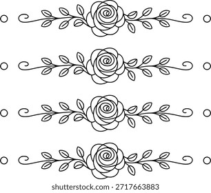 Einfache, aber charmante schwarze Linie Kunst Blumenteiler. Jede ist mit einer Rose, Blättern und Wirbel, perfekt für dekorative Rahmen oder Einladungen.