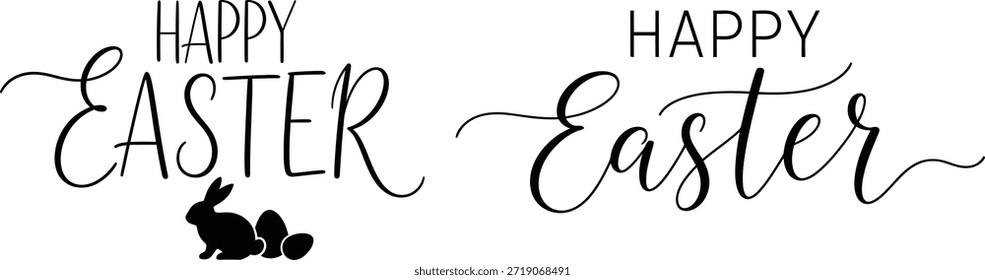 Un diseño sencillo pero encantador en blanco y negro con el texto festivo 'Feliz Pascua' en una elegante combinación de Fuentes de escritura e impresión. Debajo del saludo, una silueta de un conejo de Pascua se sienta junto a dos huevos de Pascua estilizados, creando una ilustración minimalista y conmovedora perfecta para tarjetas de temporada, decoraciones, gráficas de Web o cualquier material de celebración de Pascua. La estética limpia garantiza versatilidad para diversos usos.