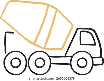 A simple yet clear line art illustration of a cement mixer truck, featuring a black outlined truck cabin and wheels with an orange outlined mixer drum.