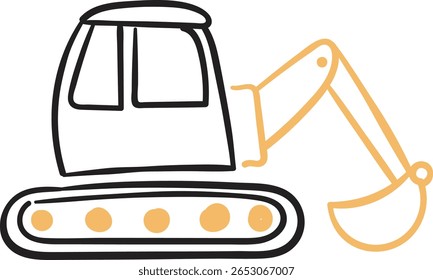 Uma ilustração simples, mas clara, de uma escavadora, com uma cabine com contorno preto e faixas com um braço e um balde com contorno laranja.