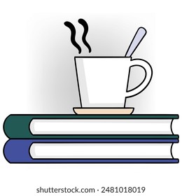A simple yet cozy illustration depicting a steaming cup of coffee resting on top of a stack of books