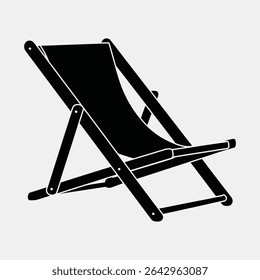 A simple yet detailed black silhouette of a classic wooden deck chair, perfect for summer and vacation themes.  The minimalist style makes it versatile for various design projects.