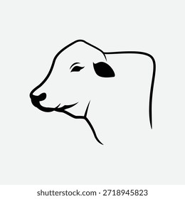Einfache, aber detaillierte Illustration eines Kuhkopfes in schwarzem Umriss, die ein Seitenprofil mit einem sauberen und minimalistischen Stil auf rein weißem Hintergrund zeigt, einzeln auf weißem Hintergrund