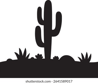 A simple yet detailed silhouette of a cactus in a desert scene. Ideal for nature, southwest, or minimalist art.