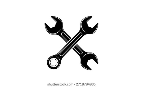 Una ilustración simple pero efectiva en blanco y negro de dos llaves cruzadas, que simbolizan herramientas, reparación y trabajo mecánico.