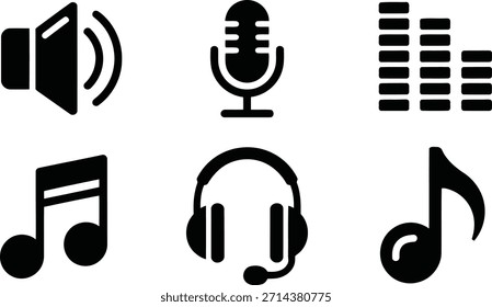 Una colección simple pero efectiva de glifos negros que representan sonido, instrumentos musicales y dispositivos de escucha para uso digital.