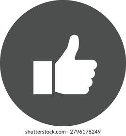 A simple yet effective graphic illustration of a white thumbs-up icon set against a solid dark gray circular background. This widely recognized symbol is perfect for conveying approval, agreement, or