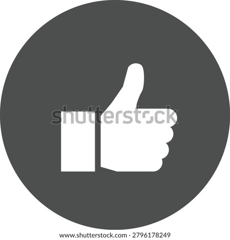 A simple yet effective graphic illustration of a white thumbs-up icon set against a solid dark gray circular background. This widely recognized symbol is perfect for conveying approval, agreement, or