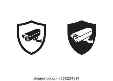 A simple yet effective icon depicting a security camera inside a protective shield, isolated on a white background. This versatile image is perfect for security, surveillance,