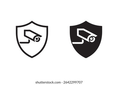 A simple yet effective icon depicting a security camera inside a shield, isolated on a white background. This versatile image represents security, surveillance, and protection.
