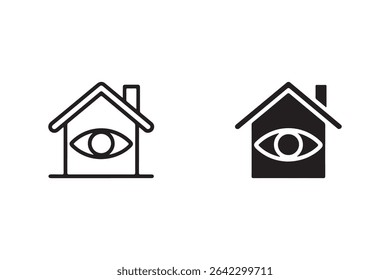 Uma ilustração simples, mas eficaz, com duas variações de um ícone de casa com um olho dentro, isolado em um fundo branco. Perfeito para representar a segurança, a vigilância ou o monitoramento da casa.