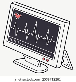 A simple yet effective illustration of a heart rate monitor, showcasing the classic waveform pattern on a computer screen. Perfect for representing healthcare, medical technology.