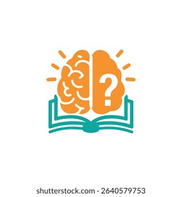 A simple yet effective logo design featuring an orange brain with a question mark resting on an open book. Isolated on white background for easy use.