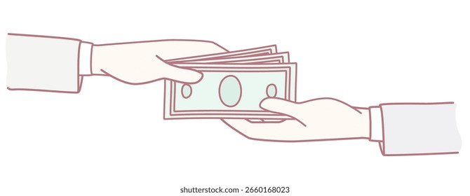 Eine einfache, aber effektive minimalistische Illustration, die zwei Hände zeigt, die Bargeld austauschen und Finanztransaktionen darstellen