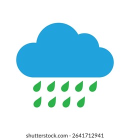 A simple yet effective vector illustration of a blue cloud with green raindrops, perfect for representing rain, weather forecasts, or eco-friendly themes.