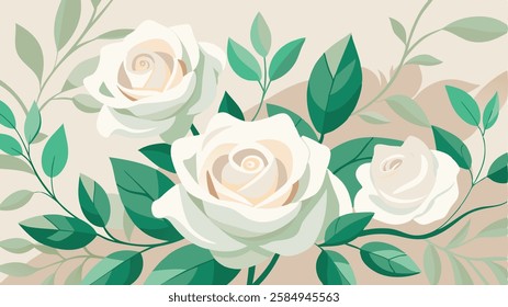 A simple yet elegant background featuring delicate white roses and soft green leaves on a neutral, pastel-toned backdrop. flower background