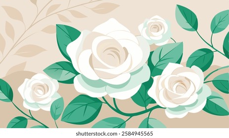 A simple yet elegant background featuring delicate white roses and soft green leaves on a neutral, pastel-toned backdrop. flower background