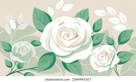 A simple yet elegant background featuring delicate white roses and soft green leaves on a neutral, pastel-toned backdrop. flower background