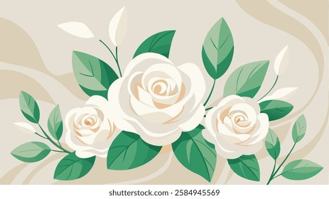 A simple yet elegant background featuring delicate white roses and soft green leaves on a neutral, pastel-toned backdrop. flower background