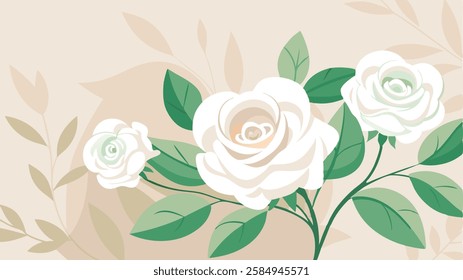 A simple yet elegant background featuring delicate white roses and soft green leaves on a neutral, pastel-toned backdrop. flower background