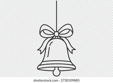 A simple yet elegant black line drawing of a Christmas bell adorned with a ribbon and bow, suspended from a string against a transparent background, symbolizing festive holiday decor.