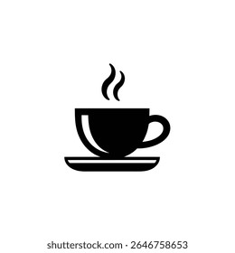 A simple, yet elegant black silhouette of a hot cup of coffee sitting atop a saucer, with steam rising, all against a clean, white background.