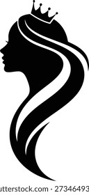 A simple yet elegant black silhouette of a woman's head in profile. She wears a royal crown and has long, stylized, flowing hair.