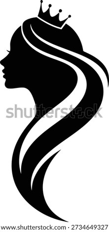 A simple yet elegant black silhouette of a woman's head in profile. She wears a royal crown and has long, stylized, flowing hair.