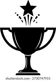 Un icono de trofeo negro simple pero elegante con una estrella que se eleva desde la parte superior, representado en un estilo minimalista con líneas limpias y un fondo blanco puro.